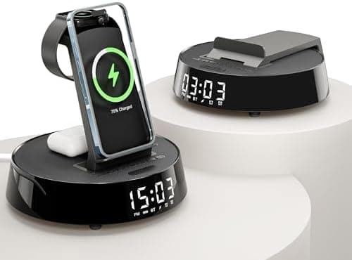 Alarm Clock with Wireless Charging Station, Clock for Bedroom with Night Light Bluetooth Speaker, Wireless Charger Dock Station for iPhone 17 16 15 14 13 12 Pro Max, Apple Watch 11, AirPods 3 (Black) - image 1