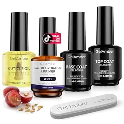 GELAMBER Nail Primer & Dehydrator with Gel Base and Top Coat – 4‑Piece 15ml Set