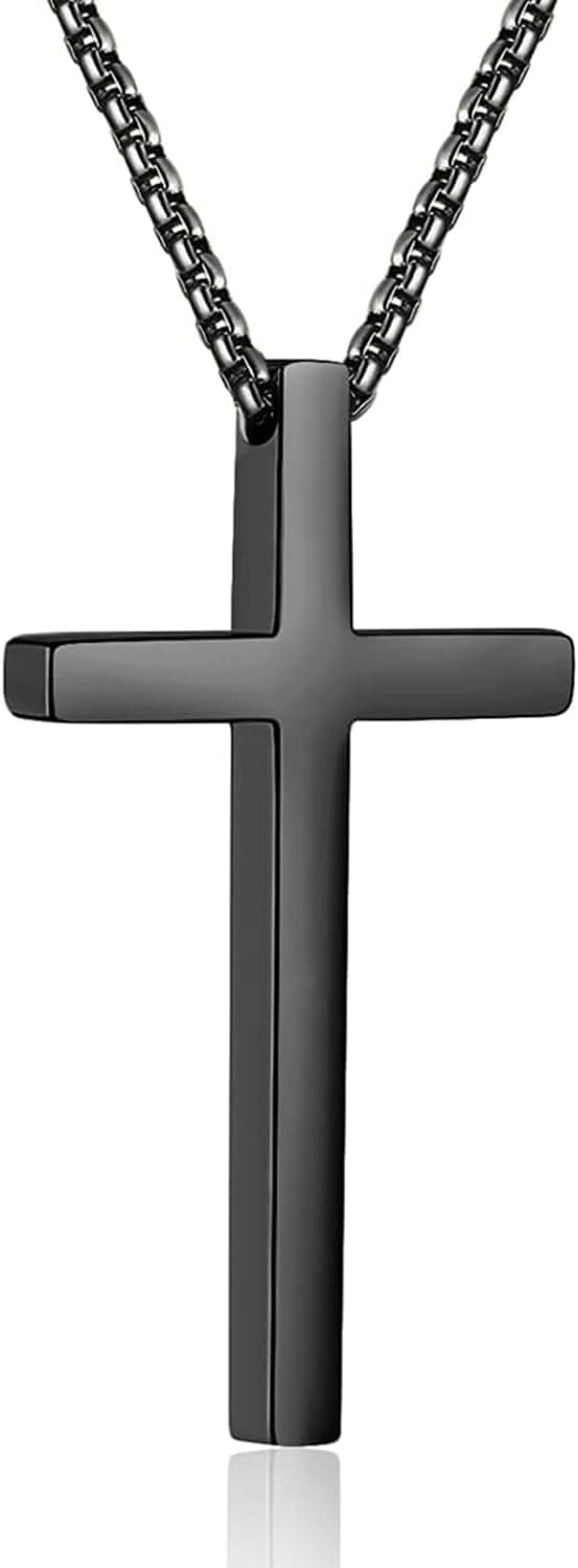 Cross Necklace for Men, Silver Black Gold 316L Stainless Steel Pendant Chain Necklace with Box 20+2 Inches | Easter Basket Stuffers Christian Religious Jewelry Gifts