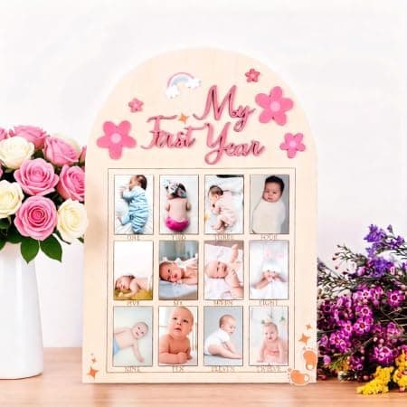 DegoCyhton My First Year Photo Frame, Wooden 12 month picture frame for baby first year, Easy Photo Insert, Smooth Safe Edge, With Hang Hooks, For 0-12 Month Newborn, Baby Birthday Keepsake Gift - image 1