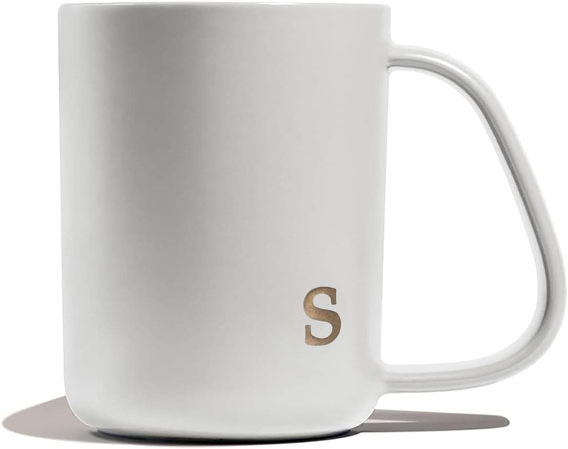 COLLECTIVE HOME - Ergonomic Handle Ceramic Mug, 15 oz Personalized Coffee Cup with Golden Initial, Microwave & Dishwasher Safe, Elegant Monogram Tea Mug in Gift Box for Home & Office (White-s)