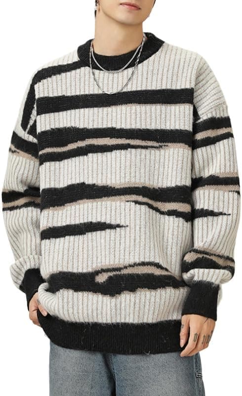 POHADON Mens Vintage Zebra Print Sweater Y2K Color Block Striped Pullover Casual Long Sleeve Crewneck Knitted Tops - image 1