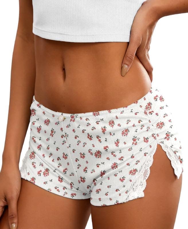 Marvmys Sexy Micro Pajama Shorts For Women Lace Side Slit Mini Shorts Low Rise Ruched Sleepwear Summer Pj Boxer Bottoms
