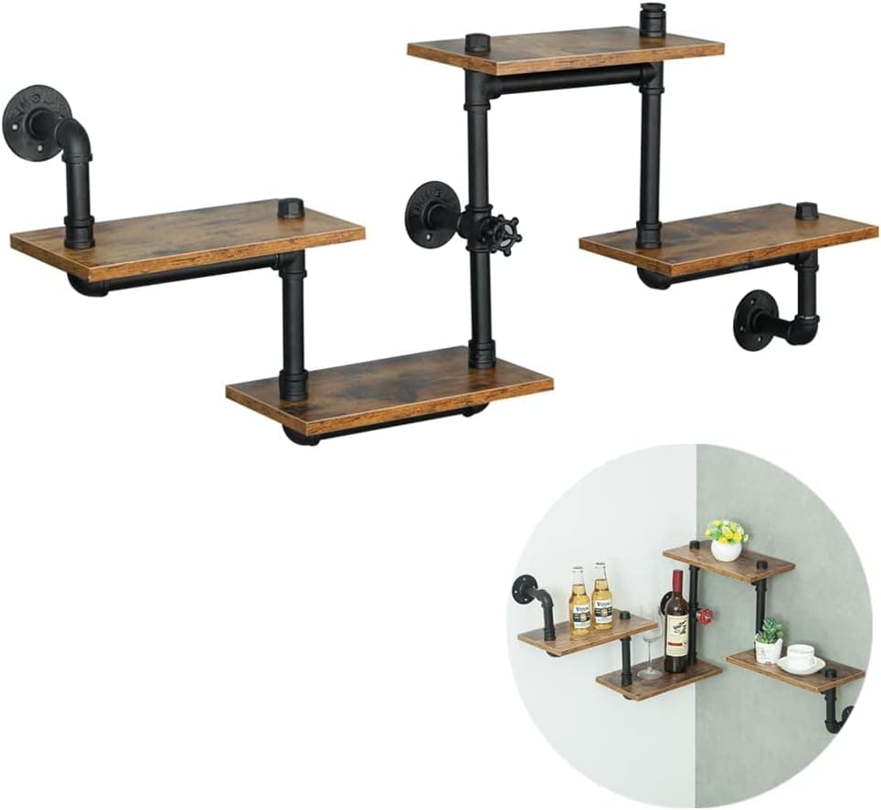 Industrial Pipe Shelving, Pipe Shelves with Wood Planks, Floating Shelves Wall Mounted, Retro Rustic Industrial Shelf for Bar Kitchen Living Room…
