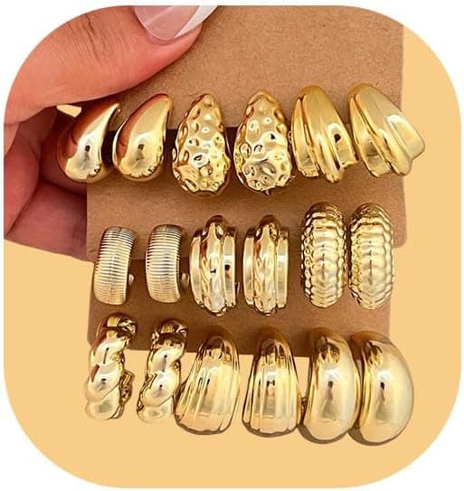 24 Pairs Chunky Gold Hoop Earrings Set for Women, Hypoallergenic Fashion Statement Hoops Earrings Pack Assorted Small Big Twisted Hoop Jewelry for Gift - image 1