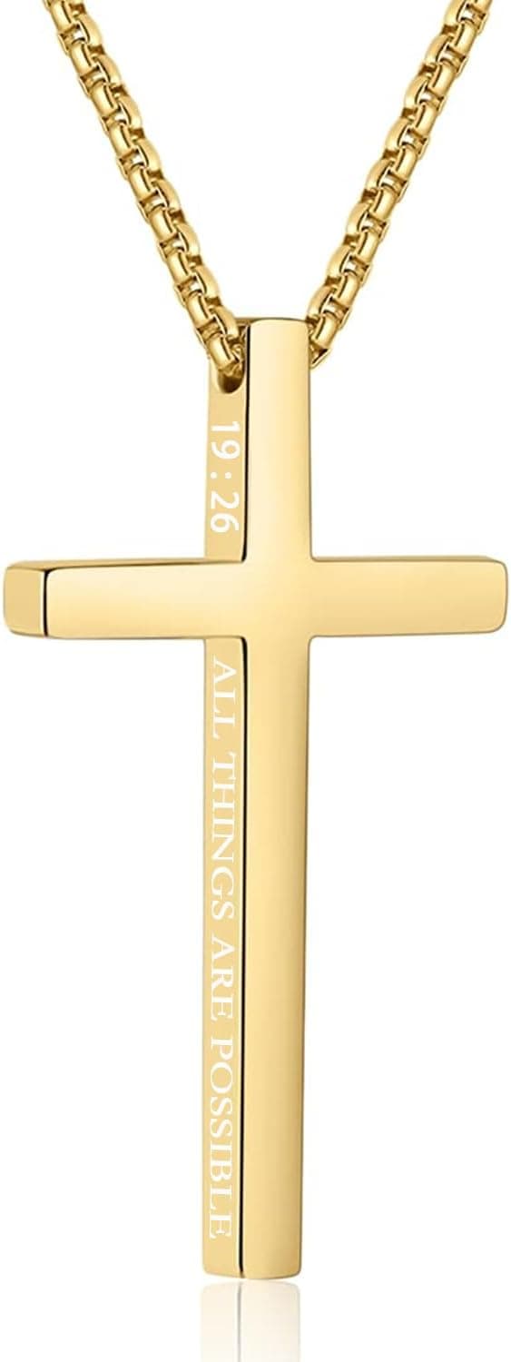 Cross Necklace for Men, Silver Black Gold 316L Stainless Steel Pendant Chain Necklace with Box 20+2 Inches | Easter Basket Stuffers Christian Religious Jewelry Gifts