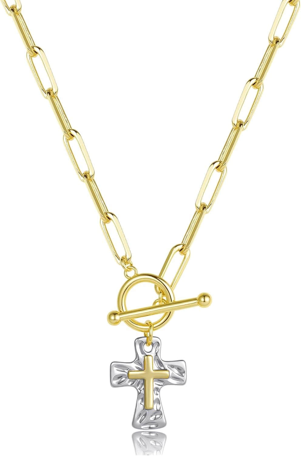 Chunky Cross Necklace for Women, 14K Gold/Silver Plated Statement Paperclip Chain Double Cross Pendant Necklaces Non Tarnish for Faith Religious Christian Jewelry Gifts - image 1