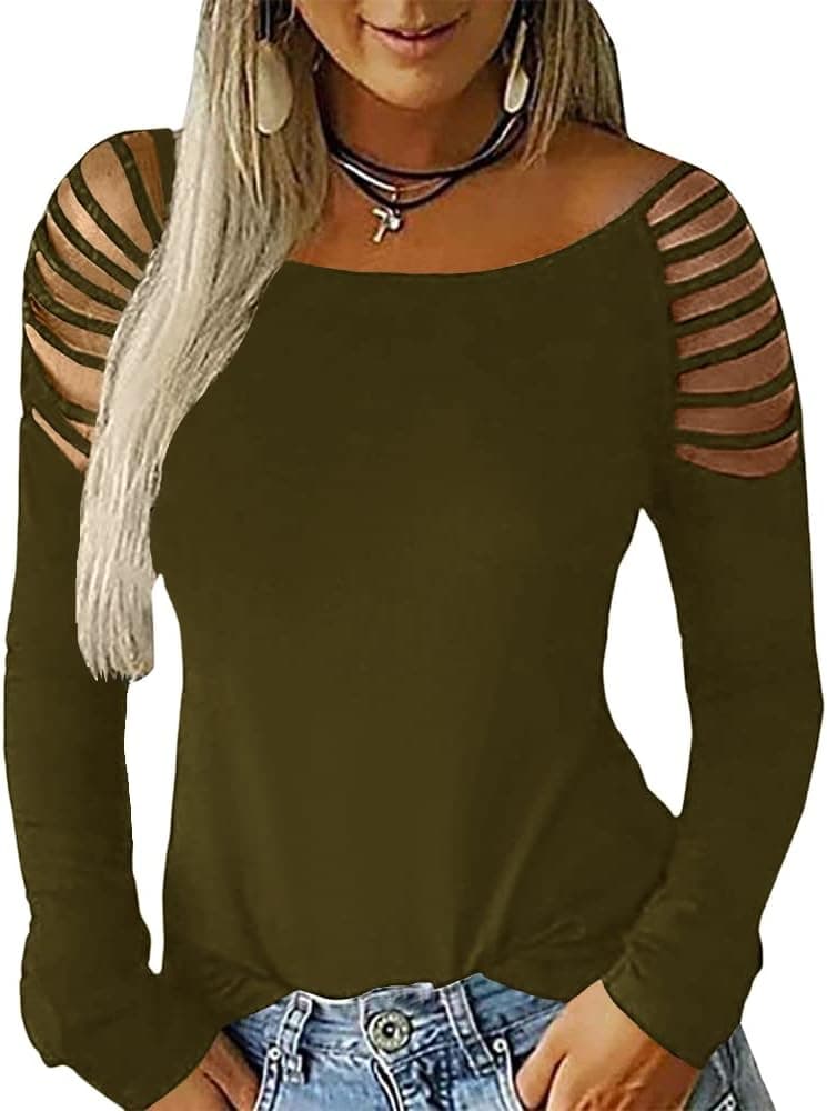 Cicy Bell Women's Long Sleeve Cold Shoulder Tops Plain Hollow Out Boat Neck Casual Blouses Shirts - image 1