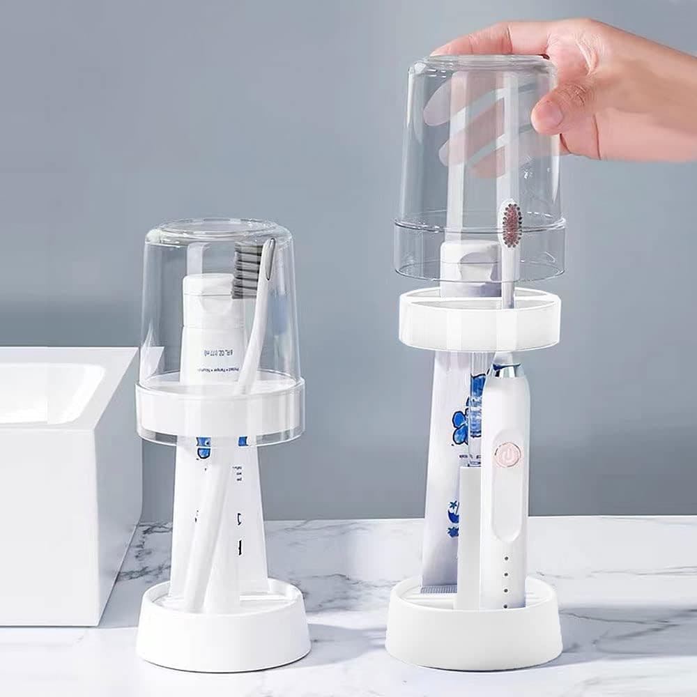 1 Pack Toothbrush Holder with Cover/Cup, Adujustable Height Electric Toothbrush Holders with 2 Slots, Compatible with Toothpaste Conventional or Electric Toothbrush Holder for Bathrooms - image 1