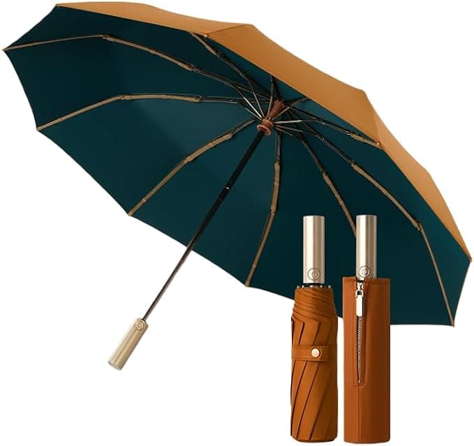 Golf Large Business Travel Folding Umbrella with Gold Handle - Auto Open/Close, UV Protection, Portable