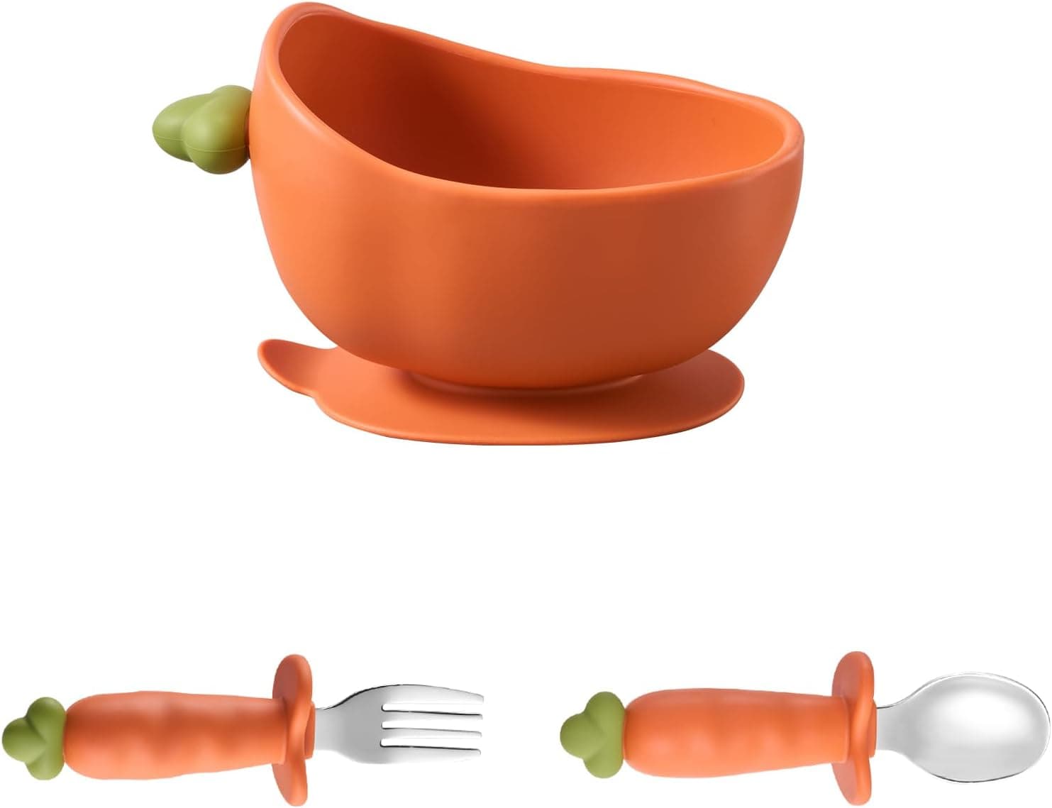 Carrot Shape Silicone Baby Feeding 6 Pack Set, 1 Suction Bowl & Plate, Bib, Spoon, Fork, Cup (Bowl with Spoon and Fork)