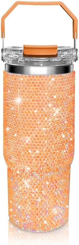30oz Bling Rhinestone Studded Tumbler with Top Handle, Bling Cups Stainless Steel Water Bottle Diamond Glitter Tumbler for Women - Birthday Gifts for Women, Mom,Get Well Soon Gifts (Orange)