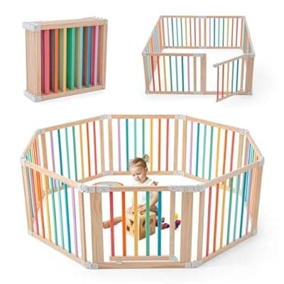 Gewitt Baby Wooden Playpen – Foldable, Adjustable 6-Panel Play Yard