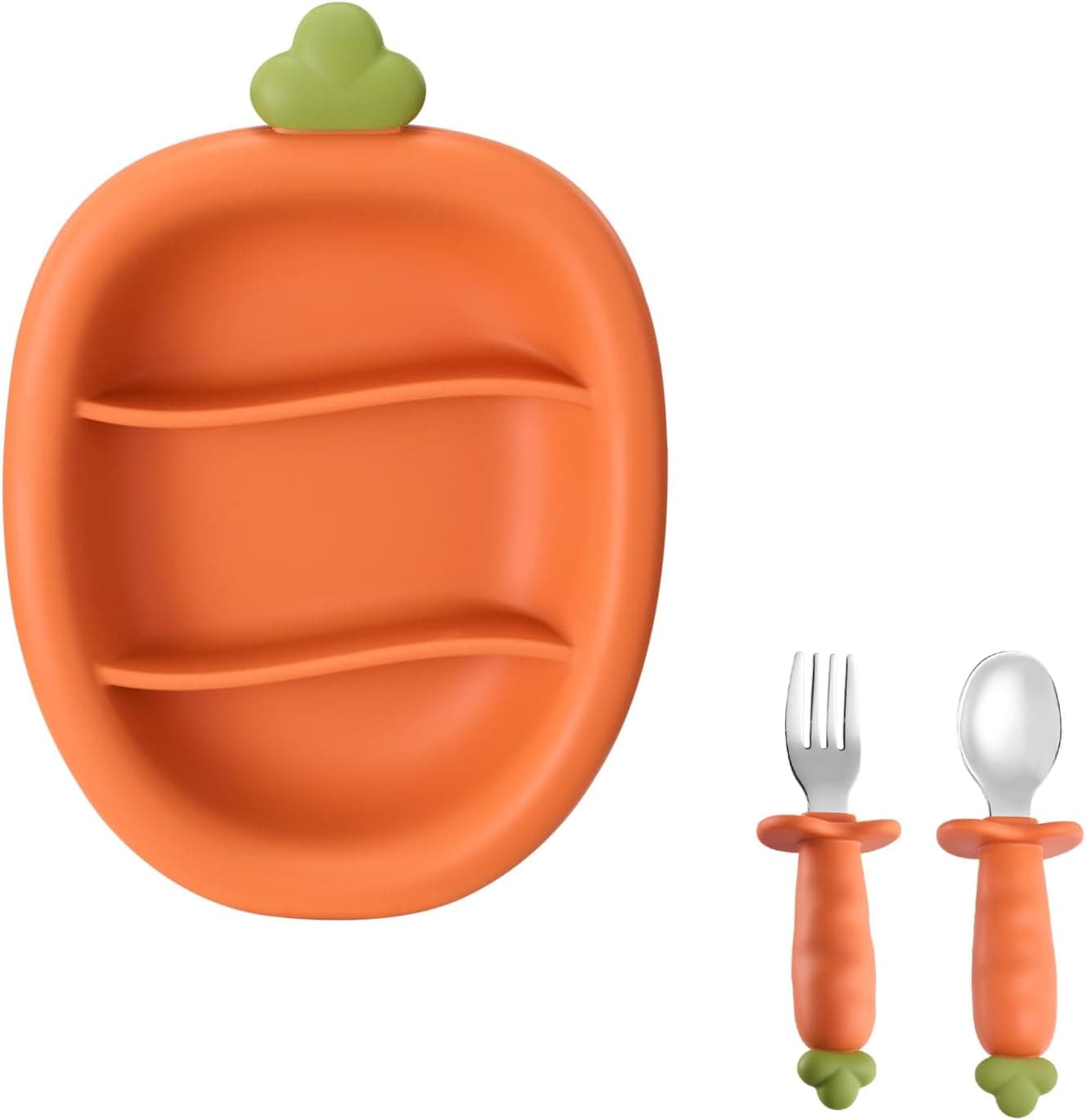 Silicone Suction Plate with Fork & Spoon, Baby Feeding Set for BLW, Divided Plate, BPA-Free Silicone Tableware for Toddlers
