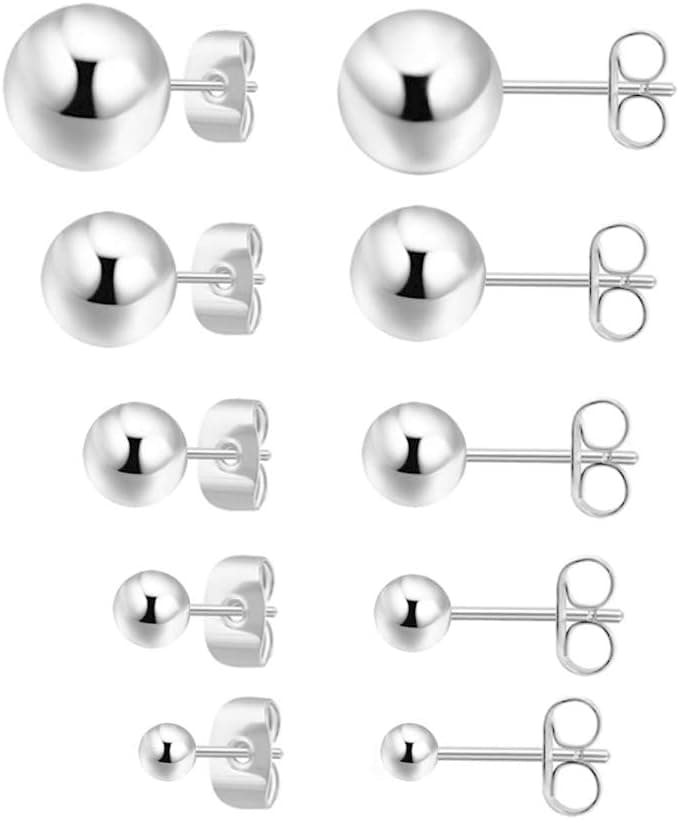 Sterling Silver Earrings for Women: Hypoallergenic 925 Sterling Silver Round Ball Stud Earrings for Women Multiple Piercing 5 Pairs Tiny Stud Earrings 2mm 3mm 4mm 5mm 6mm