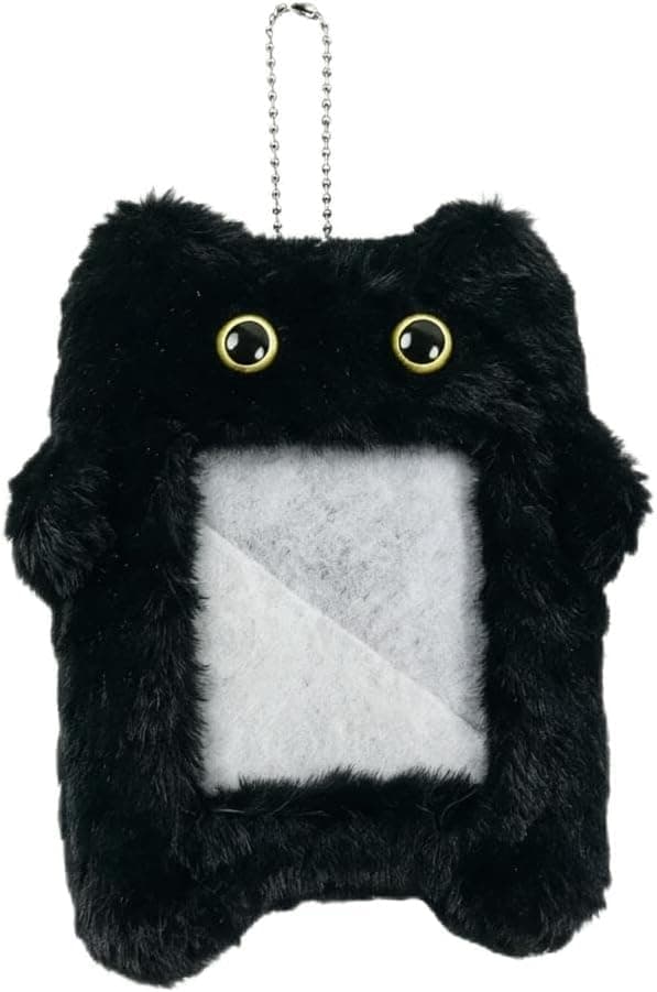 Black Plush Photocard Holder Keychain, Cute Cartoon Cat Design, Soft Photo Card Protective Bag Pendant. Soft Plush Photo Card Holder for ID Card Cover Photo Protective Bag Pendant Decor.