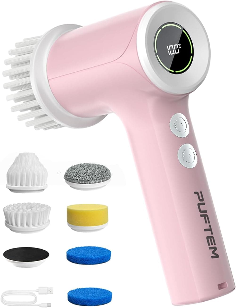 PUFTEM Upgraded Electric Spin Scrubber, Powerful Cordless Shower Scrubber with 4500mAh Large Battery & Speed Display, 6 Replaceable Brush Heads, Cleaning Brush for Bathroom Tile Tub Floor (Pink) - image 1