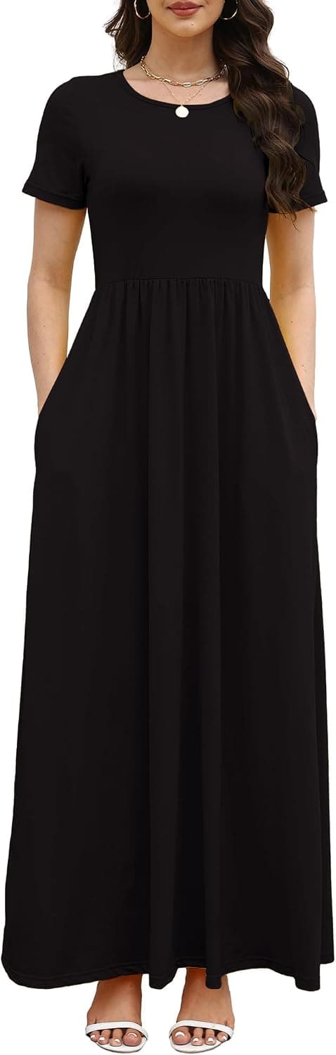 COSSEN Women’s Crew Neck Short Sleeve Maxi Dress with Pockets Casual Loose Swing for Wedding Guest Beach Vacation