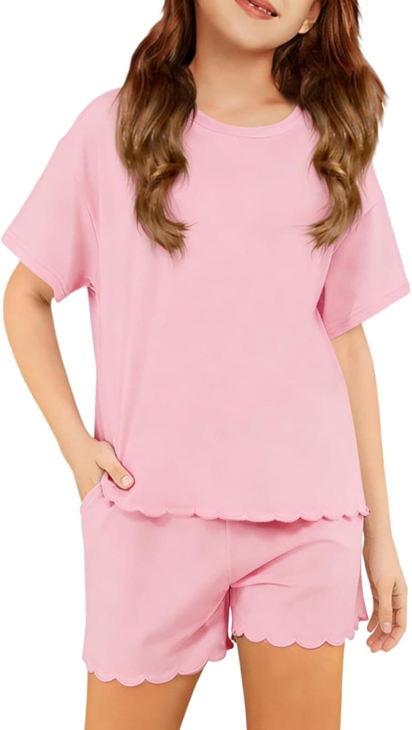 Girls Two Piece Sets Embroidery Ruffled Short Sleeve Tshirts & Shorts With Pockets Summer Outfits Size 5-14 Years - image 1