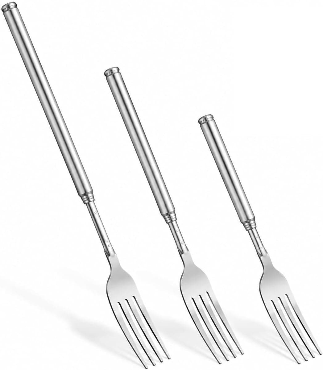 3pcs Extendable Fork for Jokes - Expandable Forks Stainless Steel Telescopic Cool Stuff for pranks for adults funny Gifts Long Dinner Cutlery Silver