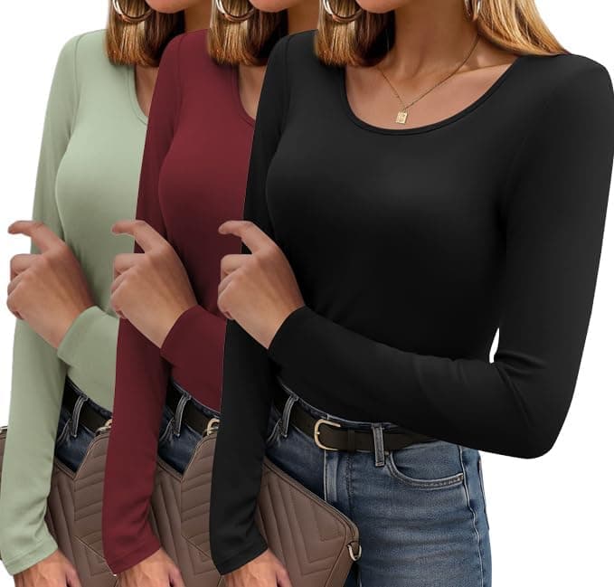 Ekouaer Long Sleeve Shirts for Women 3 Pack Scoop Neck Fitted Tops Thermal Undershirt Stretch Base Layer Soft Tee - image 1