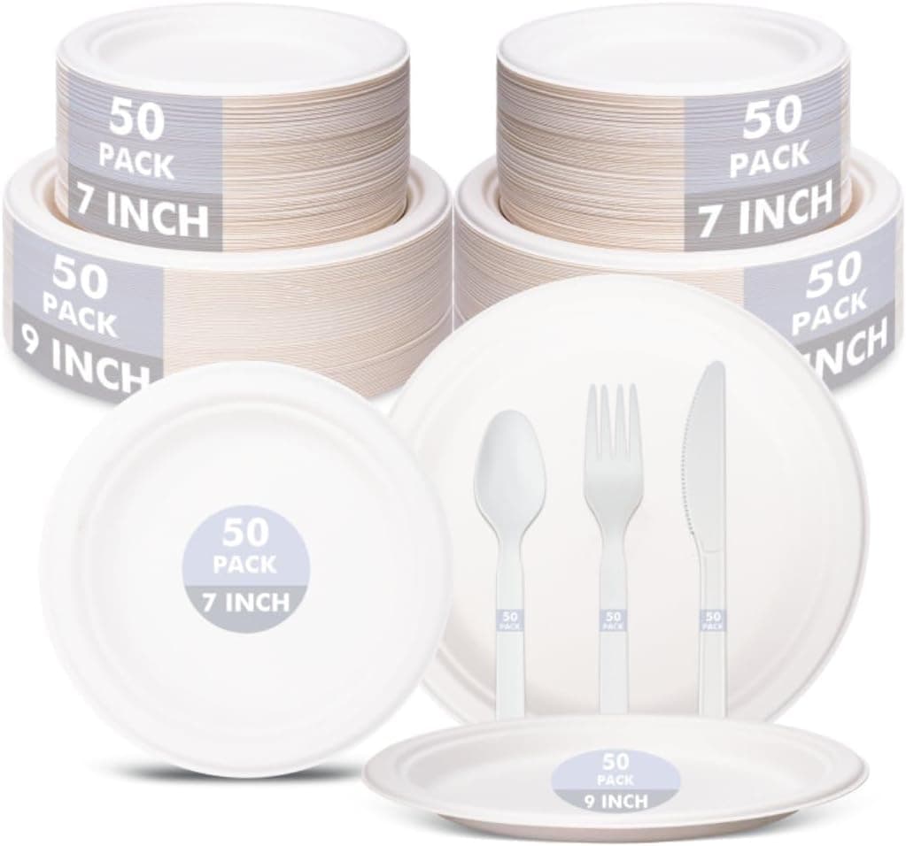 250PCS Compostable Plates Sugarcane Utensils Paper Plate Disposable Heavy Duty, Eco Friendly Dinnerware Set for 50 Guests Includes 50 Biodegradable Plates Forks, Knives & Spoons for Brithday Party