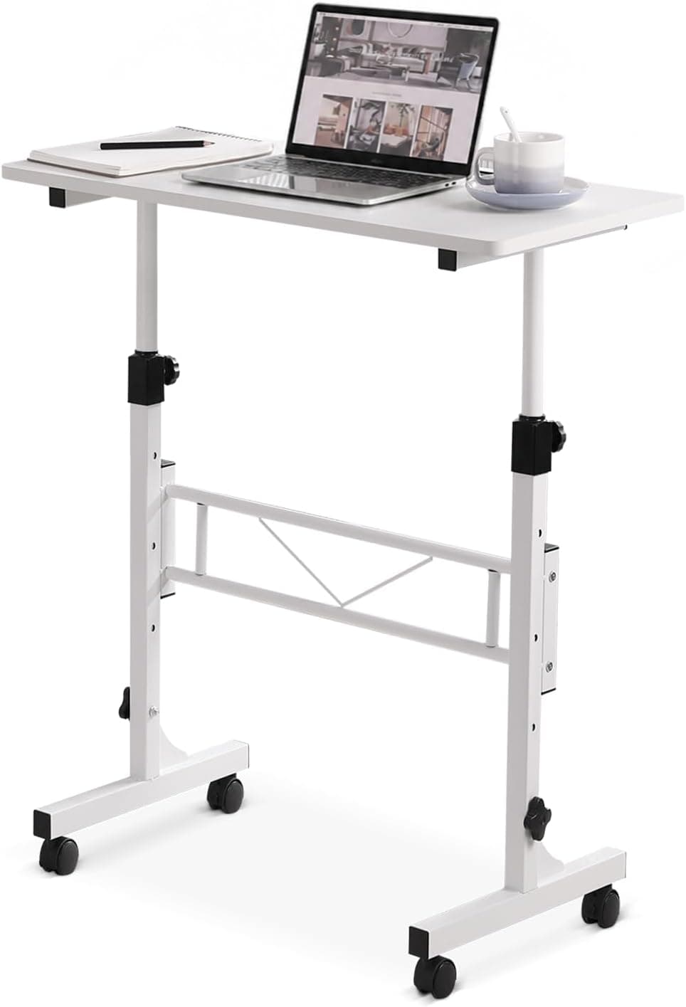 Small Standing Desk Adjustable Height, Mobile Stand Up Desk with Wheels, 32 Inch Portable Rolling Desks Conference Room Tables for Walking Pad Treadmill White