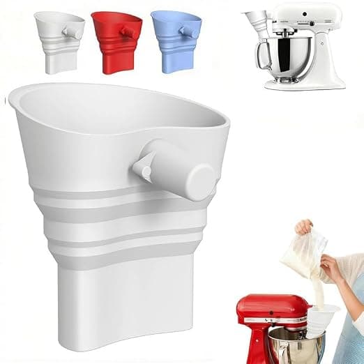 1Pcs Upgraded Foldable Flour Funnel for Mixer,Food-Grade Silicone Funnel,Stand Mixer Kitchen Funnel Attachment for 4.5–7Qt Tilt-Head Models,Dishwasher Safe (White, for 4.5–7Qt)