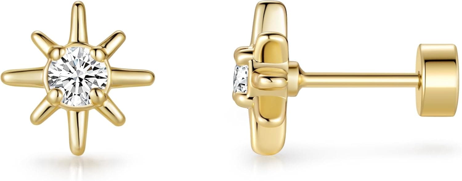 ASHINE Flat Back Stud Earrings Hypoallergenic 14K Gold Plated 925 Silver Post Dainty CZ Cartilage Helix Tragus Piercing Star Jewelry for Women