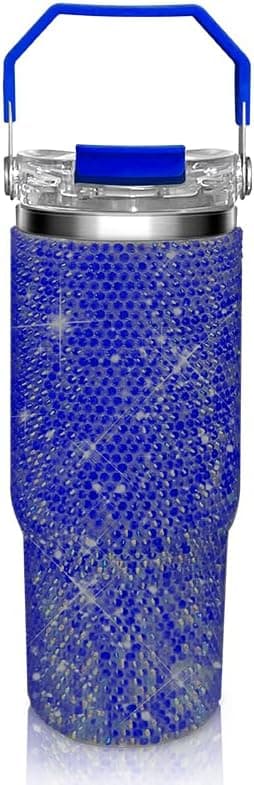 30oz Bling Rhinestone Studded Tumbler with Top Handle, Bling Cups Stainless Steel Water Bottle Diamond Glitter Tumbler for Women - Birthday Gifts for Women, Mom,Get Well Soon Gifts (Pacific)