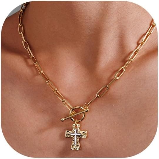 Chunky Cross Necklace for Women, 14K Gold/Silver Plated Statement Paperclip Chain Double Cross Pendant Necklaces Non Tarnish for Faith Religious Christian Jewelry Gifts - image 1