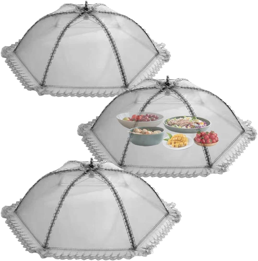 3 Pack Food Covers Set for Outside & Indoor Use, Encrypted Mesh Screen Food Cover to Keep out the Flies Mosquitoes, Pop-Up Collapsible Junvaia Plate Serving Covers Tents for Camping Parties Picnics