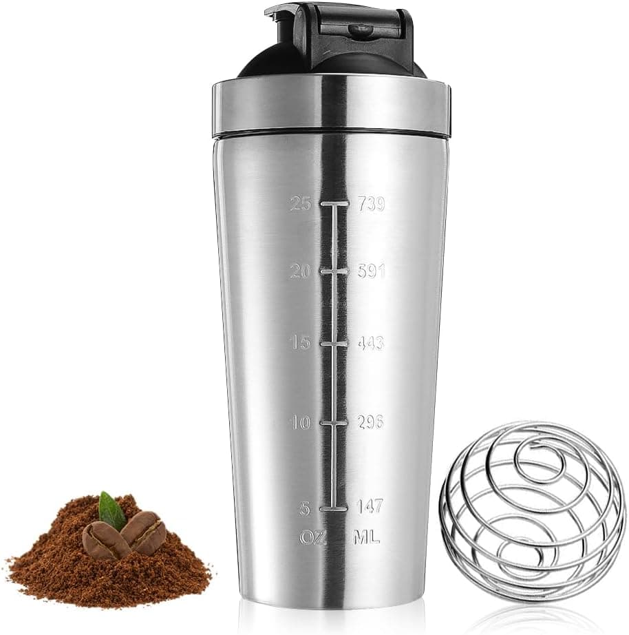 750ml Protein Shaker Bottle, Protein Shake Bottle, Gym Shaker Bottle, Metal Protein Shaker With Mixball, Stainless Steel Protein Shaker, Leak Proof Sports Supplement Protein Shake Bottle