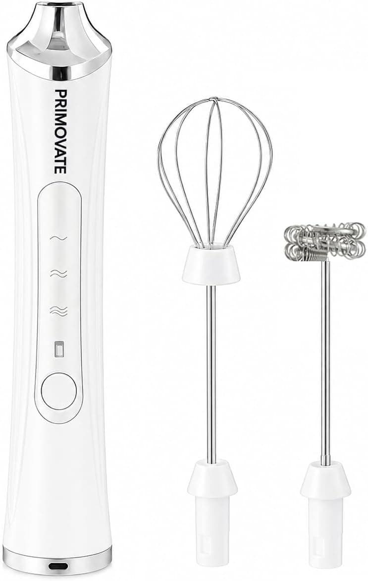 Rechargeable Milk Frother Handheld, Electric Coffee Frother with 2 Whisk, 3-Speed Powerful Drink Mixer, USB-C, Milk Foamer for Coffee, Latte, Cappuccino,Matcha & HotChocolate(White no Stand)