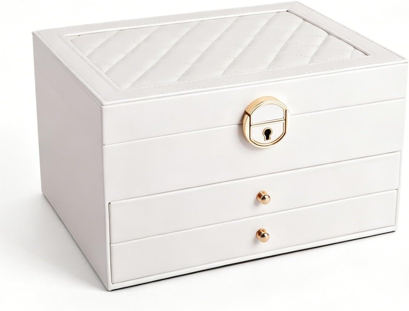 3-Layer Jewelry Box for Women Girl Wife, Jewelry Organizer with 2 Drawers, Removable Jewelry Tray, PU Leather Jewelry Storage Case for Necklaces Rings Earrings Bracelets Watches (Pearl White)