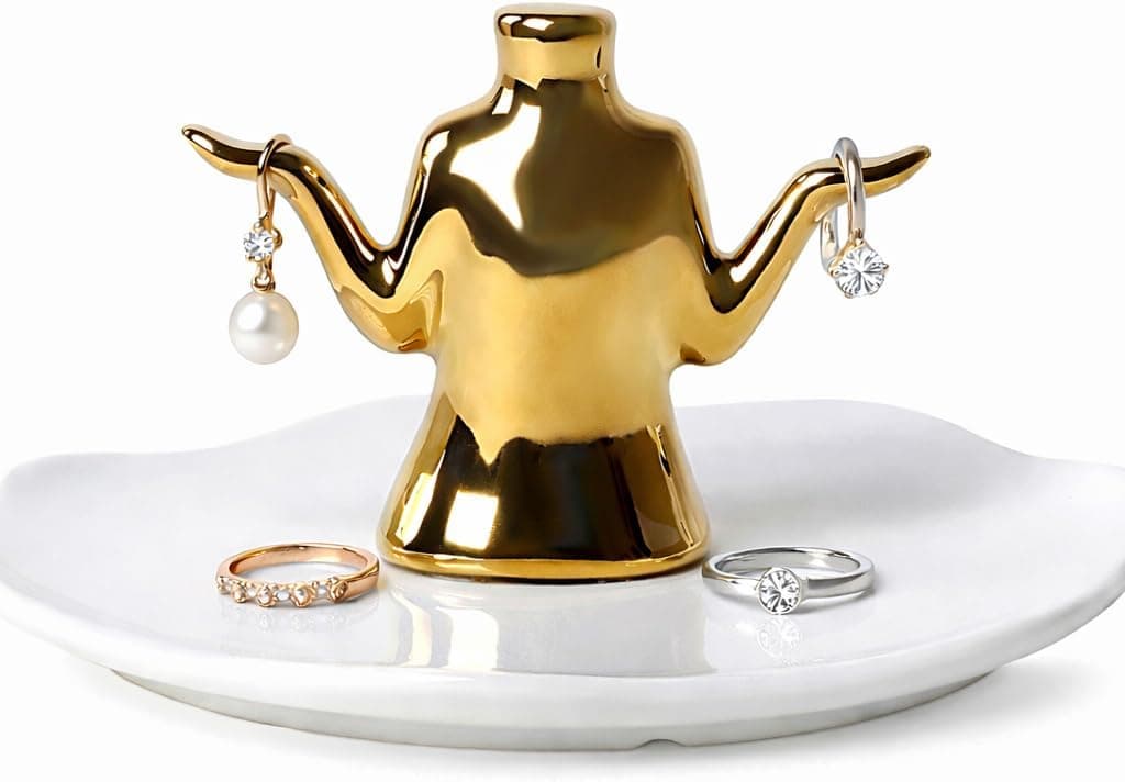 Gold Jewelry Holder with Tray – Ceramic Ring Dish, Earring Stand, Necklace & Bracelet Organizer – Decorative Trinket Dish Jewelry Organizer for Vanity, Dresser, or Nightstand