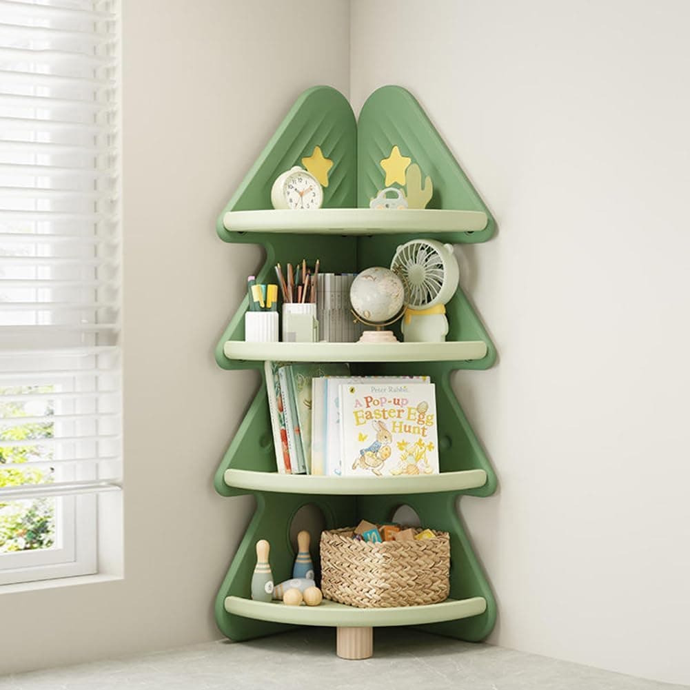 4-Tier Corner Bookshelf, Tree-Shaped Storage Organizer for Books & Toys, Space-Saving Corner Shelf Stand Bookcase for Living Room, Bedroom, Office, Easy Assembly, Green