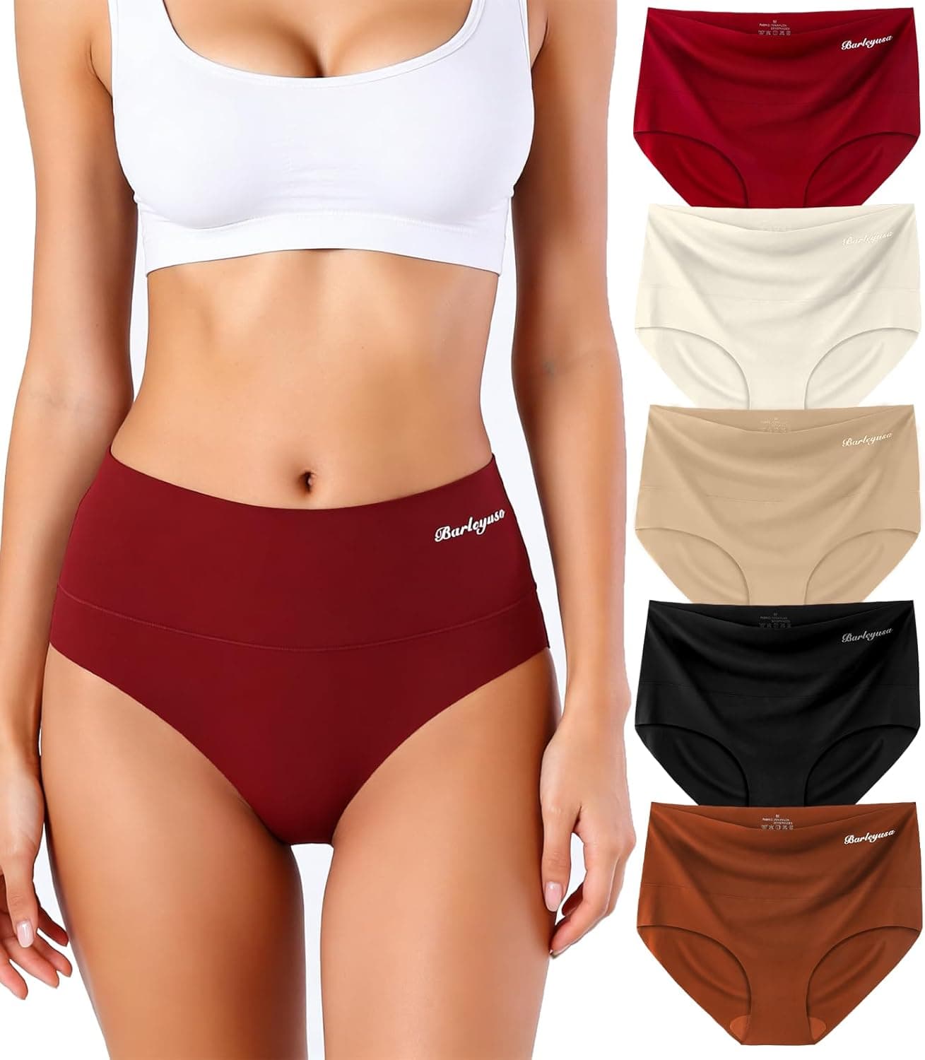 Womens Underwear Seamless High Waisted Silky Stretch Briefs No Show Breathable Full Coverage Ladies Panties 5 Pack