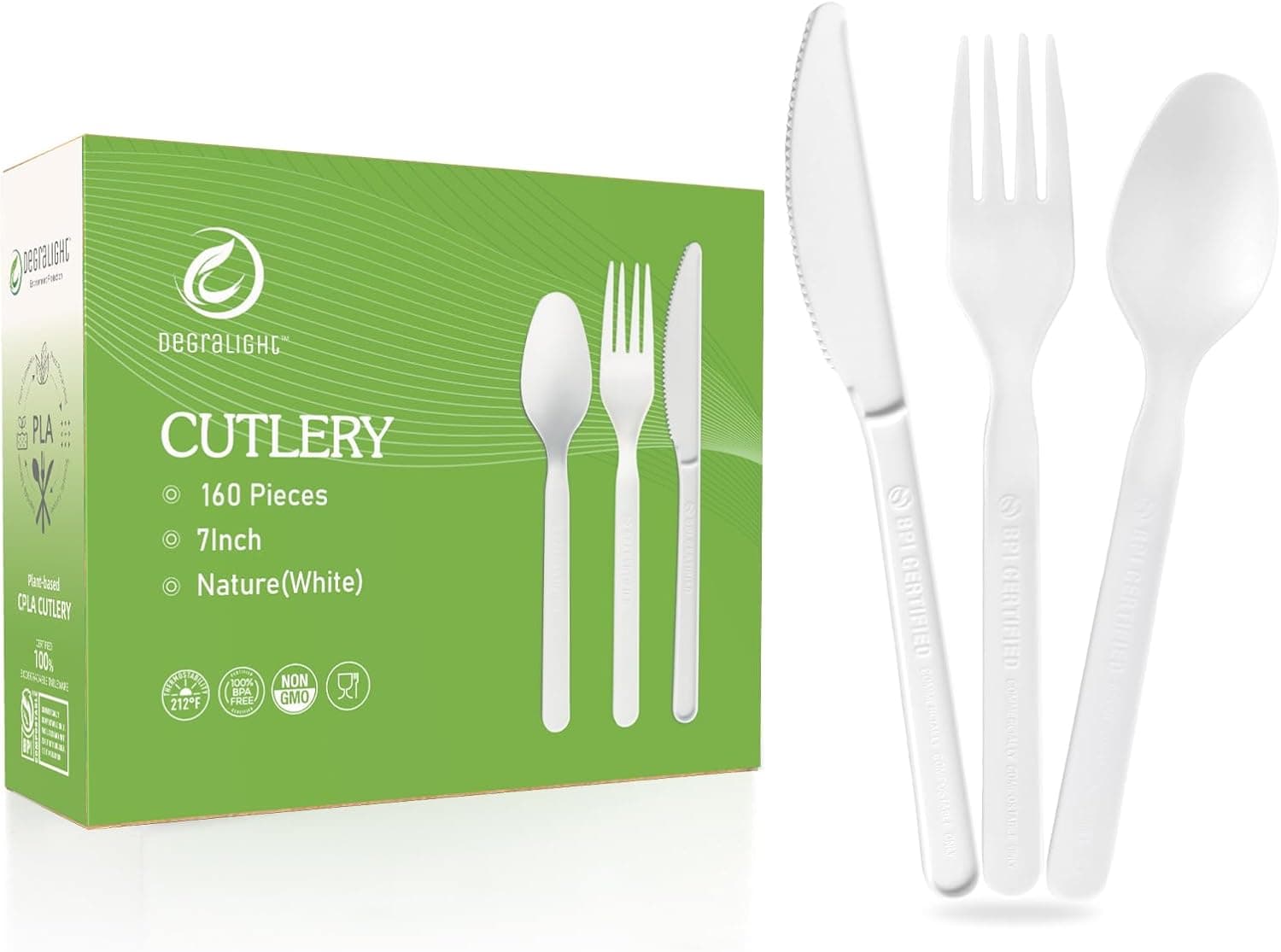 Disposable Cutlery Set [160 Pcs] BPI Certified Utensils Set with 60 Compostable Forks, 50 CPLA Spoons and 50 Disposable Knives, Eco-Friendly Compostable Cutlery for Outdoor, Party, Camping & Daily
