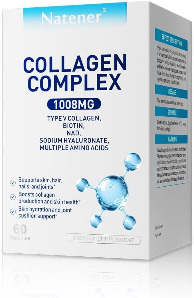 11 in 1 1008mg Collagen Complex Proprietary Blend with Type V Collagen, Biotin, Hyaluronic Acid - Multi Collagen Capsules for Women Men Supports Skin, Joints, Hair & Nails, 60 Capsules