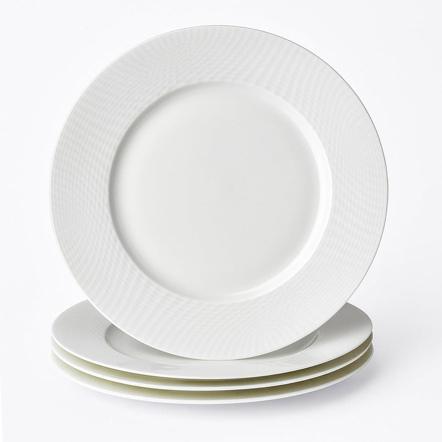 Bone China Dinner Plates Set of 4, 10.7 Inch Ceramic Plates for Salad for Dessert, Appetizer, Steak, Modern Flat Kitchen & Serving Dishes, White Embossment, Microwave, Oven & Dishwasher Safe