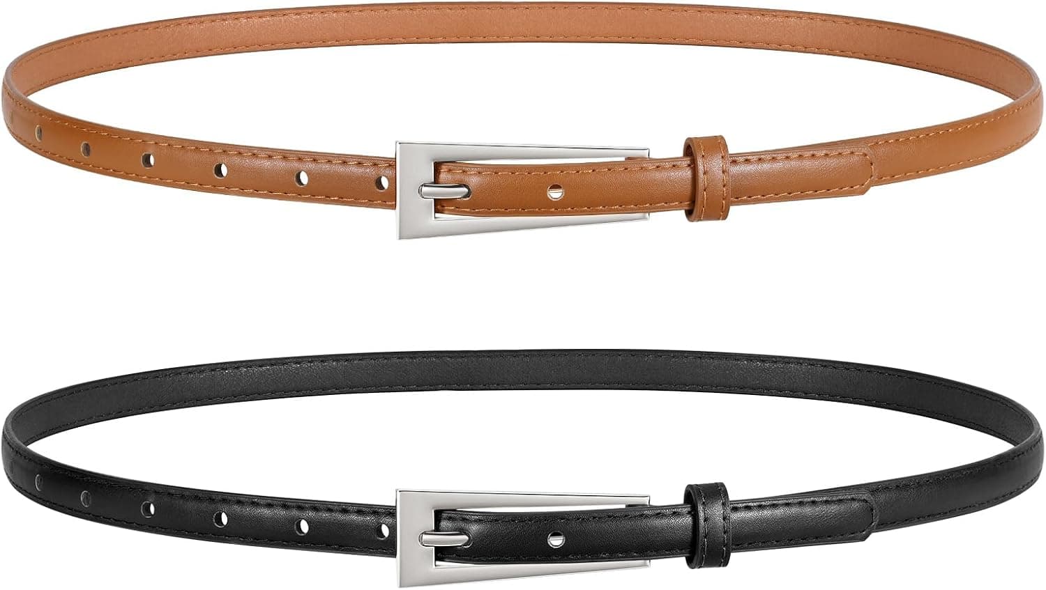 LEACOOLKEY Women Skinny Belts for Jeans Dress Pants 2 Pack Thin Leather Waist Belts