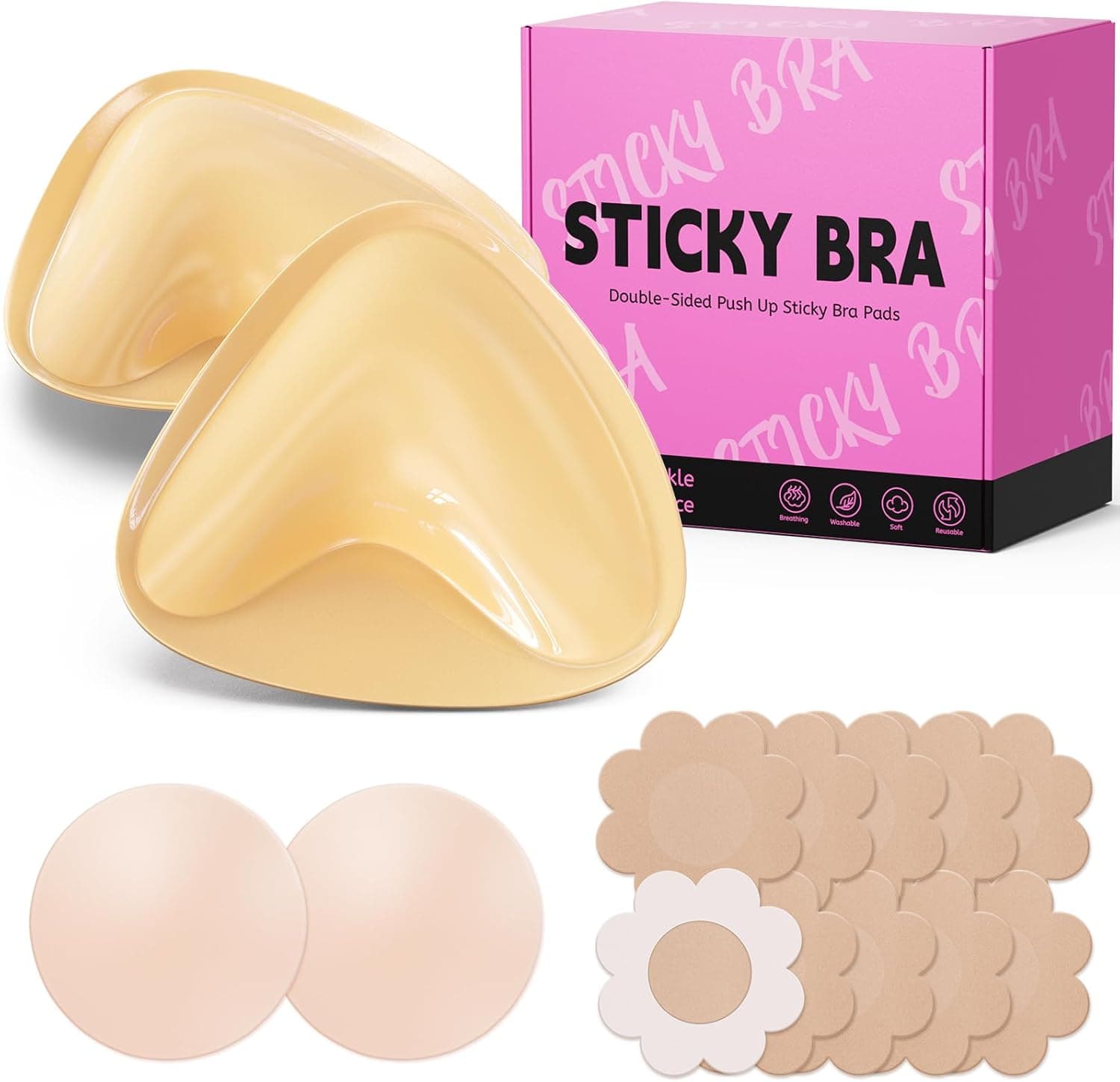 Mearter Ultra Push up Sticky Bra Pads Inserts | Double Sided Adhesive Bra Inserts | Stick on Bra for Sports Bra Swimsuit (Extra-Large, Beige)