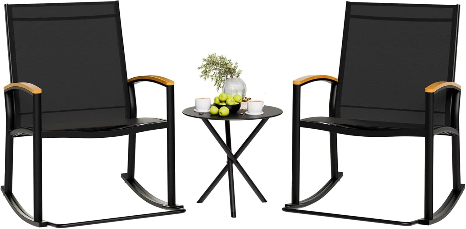 Shintenchi 3 Piece Outdoor Rocking Bistro Set – Textilene Fabric Patio Chairs with Table (Black) - image 1