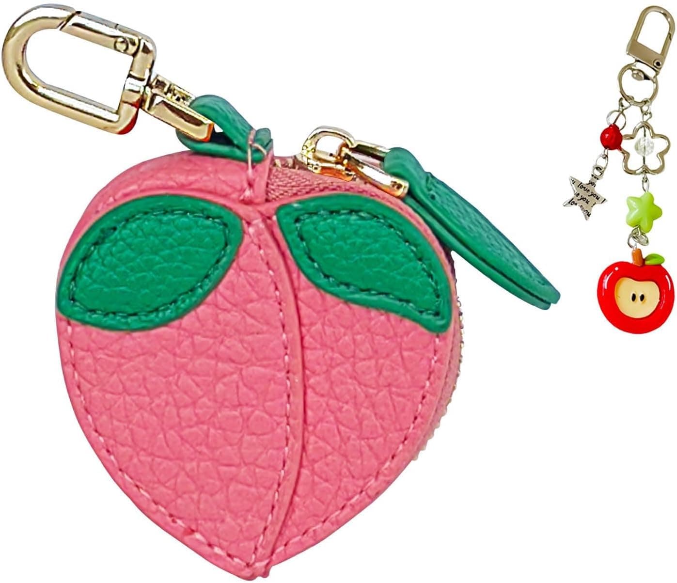 Peach Coin Purse Keychain Fruit Bag Charm，Cute Mini Coin Pouch Keychain for Women Purse Handbag Backpack