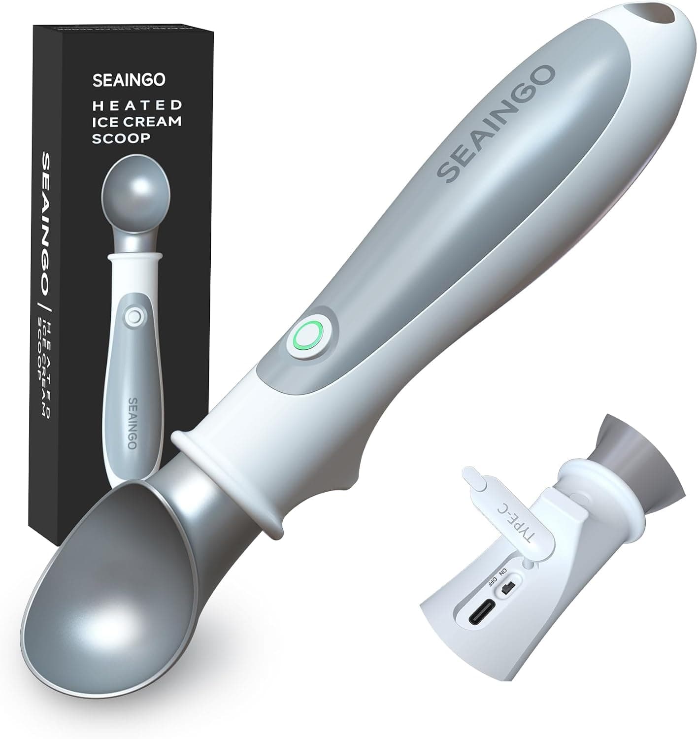 Heated Ice Cream Scoop - Rechargeable, ON/OFF Safety Lock Switch, Two Warming Modes, Ergonomic Handle, Electric Kitchen Tool Nonstick Scooper for Gelato, Frozen Yogurt, Sorbet & More