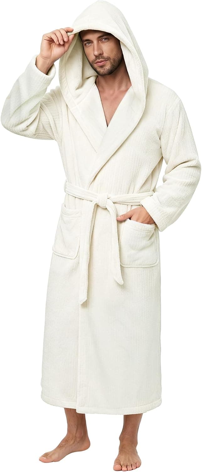 PJGGZ Men's Bathrobes with Hood, Soft Long Towel Robe for Men - Super Absorbent Quick Dry yet Warm
