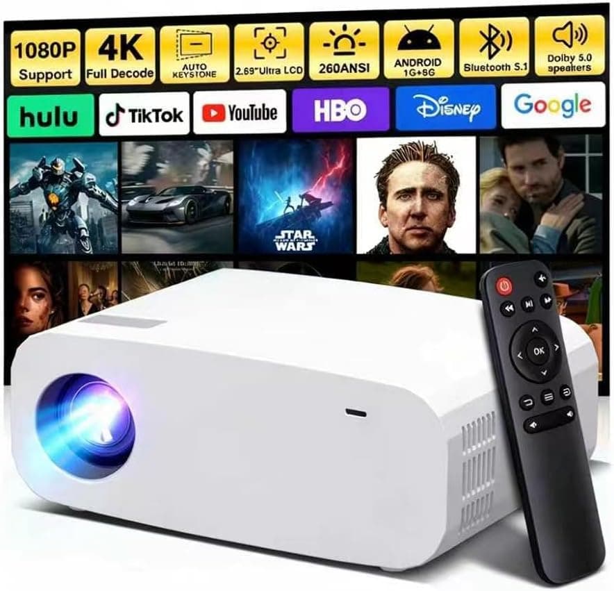 Projector, Mini Projector with WiFi and Bluetooth, Built-in Apps, Auto Focus & Keystone,Native 1080P Support, Portable Outdoor Smart Projector,White - image 1
