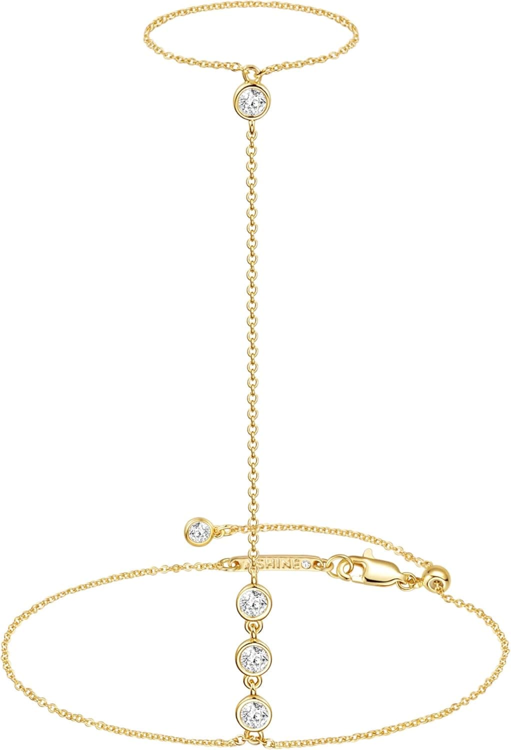 ASHINE 14K Gold Plated Hand Chain Bracelet & Ring for Women, Dainty Non Tarnish Small Waterproof Adjustable Trendy Handchain Stack Wrist Cubic Zirconia Jewelry, Thin Designer Style