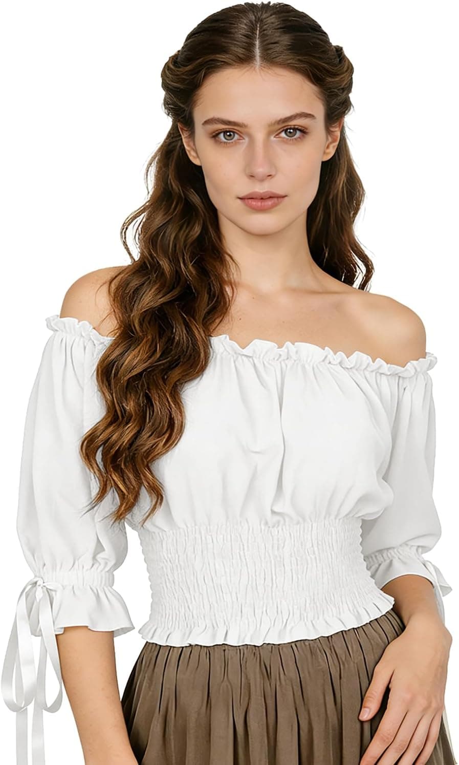 Women's Renaissance Off Shoulder Blouse - Medieval Peasant Top with Puff Sleeves Smocked Waist for Ren Faire - image 1